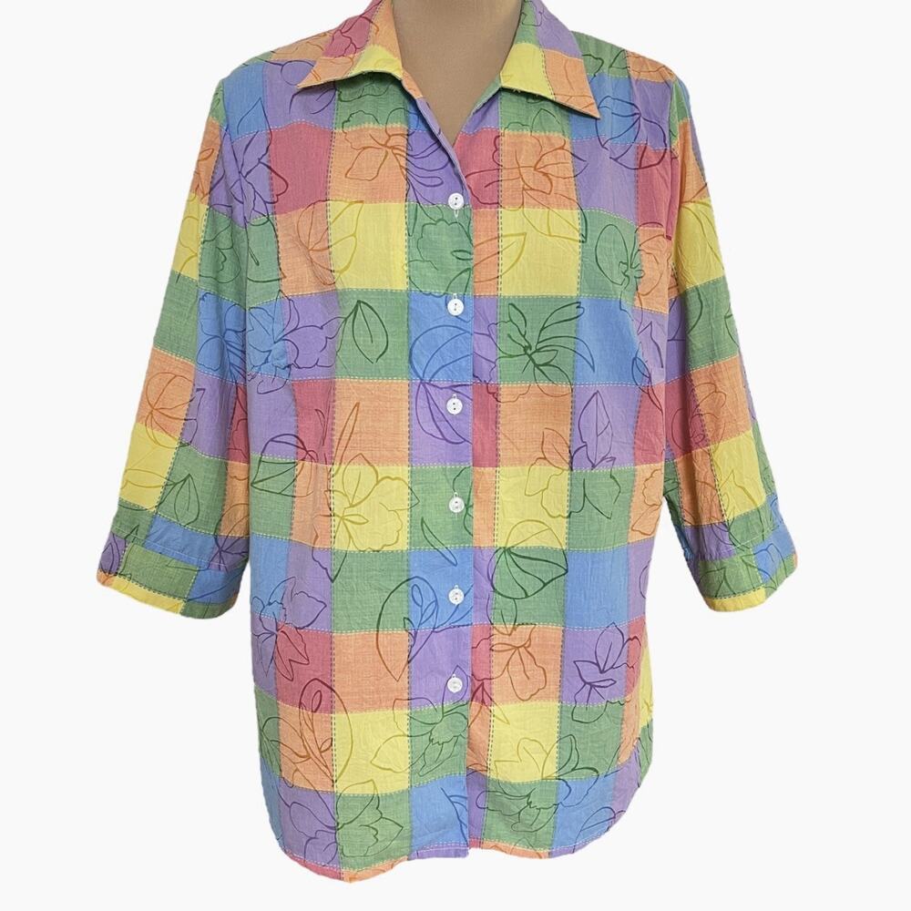 Vintage Alia Button Up Blouse Collar Retro Resort Pastel Patchwork L Colorblock